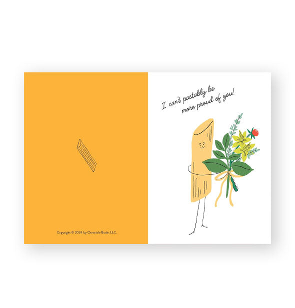 Sample card from the Penne Pasta notecard set depicts a penne pasta holding a bouquet of flowers and says, "I can't pastably be more proud of you!"