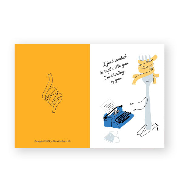 Sample card from the Penne Pasta notecard set depicts a fork with tagliatelle wrapped around its tongs typing at typewriter and says, "I just wanted to tagliatelle you I'm thinking of you"