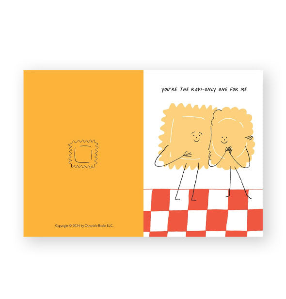 Sample card from the Penne Pasta notecard set features illustration of two filled pastas embracing and says, "You're the ravi-only one for me"