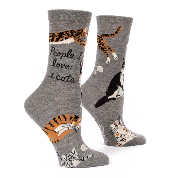 Gray crew socks with cat design and "People I Love: 1. Cats" printed on the outer ankles