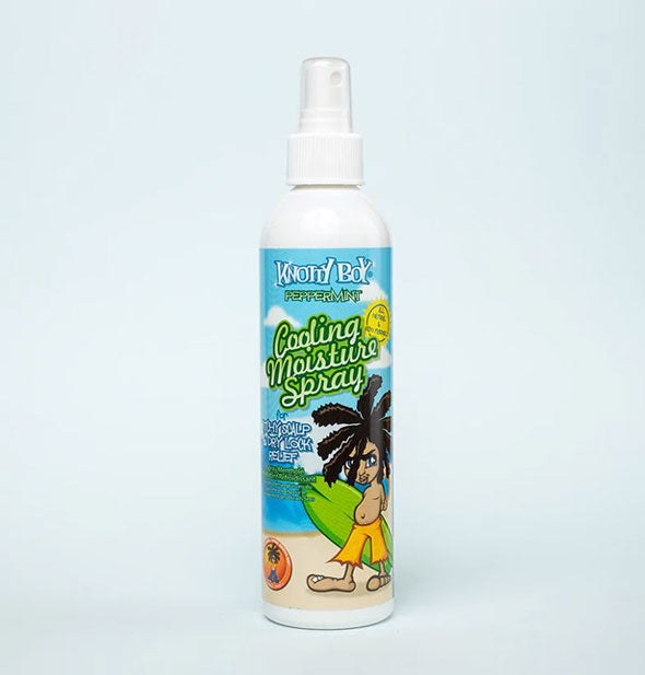 8 ounce bottle of Knotty Boy Peppermint Cooling Moisture Spray features label illustration of a surfer with dreadlocks against a beach backdrop
