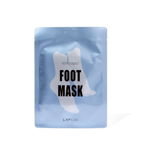 Metallic blue Lapcos Peppermint Foot Mask packet with black lettering and white feet graphic