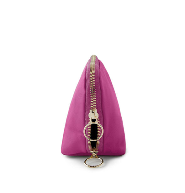 Side view of the triangular Everyday Makeup Bag shows its generous gold zipper with double ring pulls