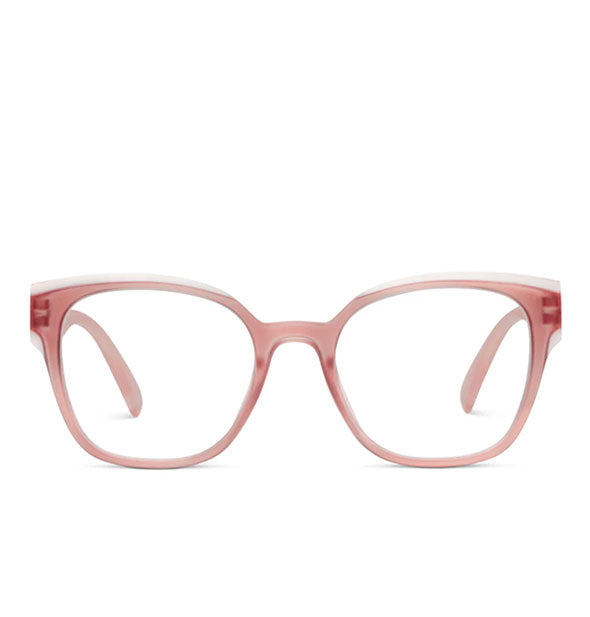 Front view of pink reading glasses with white color block detail