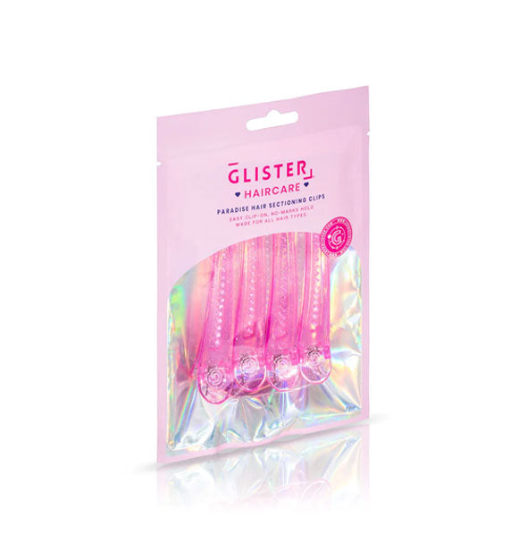Pack of four pink glitter Glister Haircare Paradise Hair Sectioning Clips with holographic packaging interior