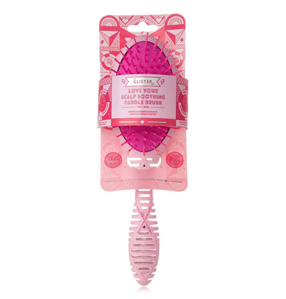 Pink "Love Your Scalp" Soothing Paddle Brush by Glister with product card attached