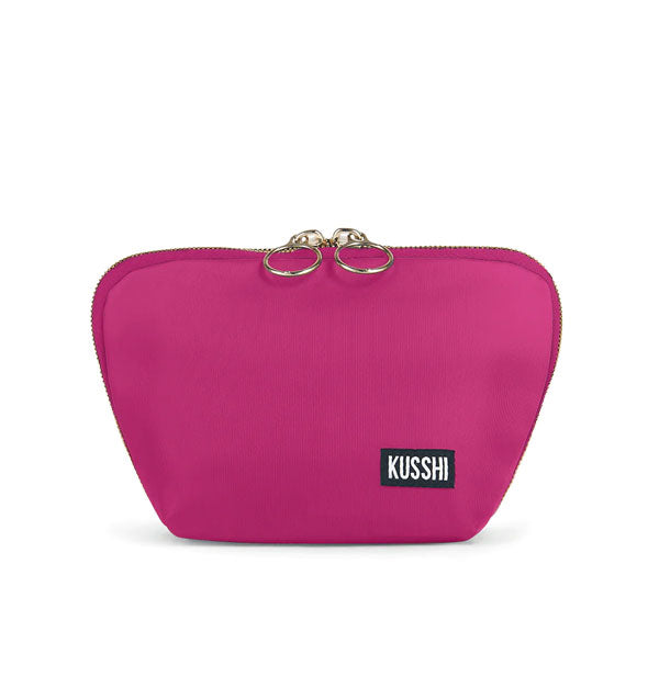 Triangular pink KUSSHI pouch with two gold zipper pulls