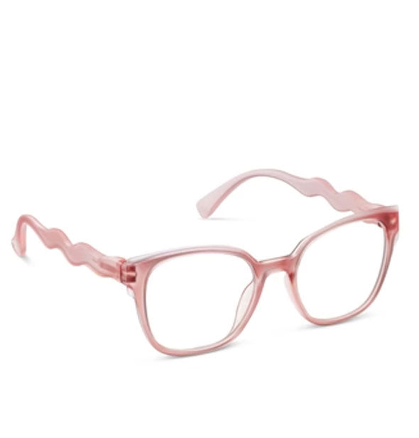 Transparent pink reading glasses with wavy temple arms