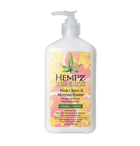 17 ounce bottle of Hempz Fresh Fusions Pink Citron & Mimosa Flower Energizing Herbal Body Moisturizer