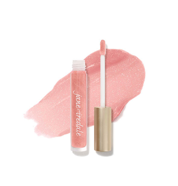 Tube of Jane Iredale HydroPure Hyaluronic Acid Lip Gloss with doe foot applicator cap removed and sample enlarged product application behind in shade Pink Glace