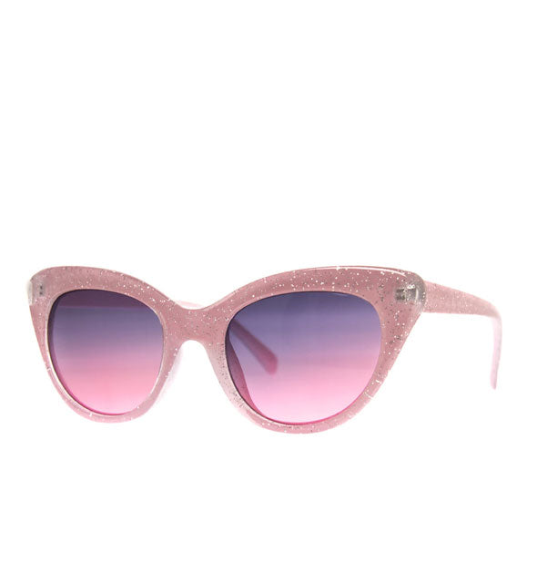 Pair of cat-eye sunglasses with pink glitter frame and purple-to-pink ombre lenses