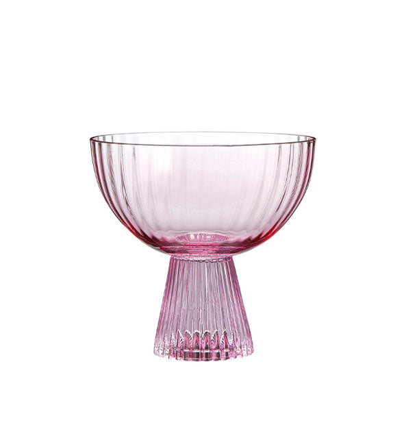 Ridged pink glass champagne coupe with tapered base and bowled top