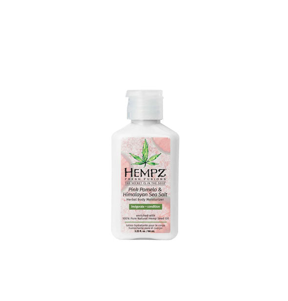 White 2.25 ounce bottle of Hempz Fresh Fusions Pink Pomelo & Himalayan Sea Salt Herbal Body Moisturizer with black lettering on a green and pink label