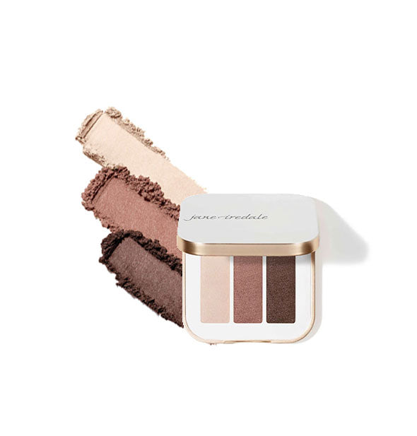 Opened square white and gold Jane Iredale Eye Shadow Triple compact with sample applications alongside in shade combo Pink Quartz