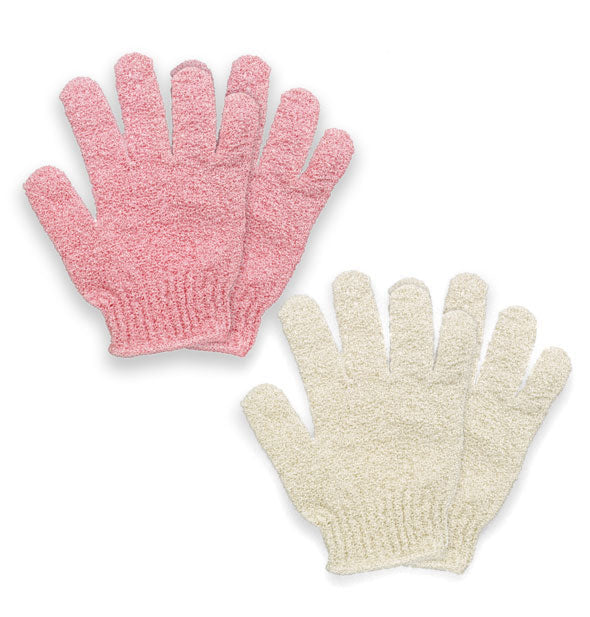 Two pairs of textured bath gloves for skin exfoliation: one pink pair and one white pair