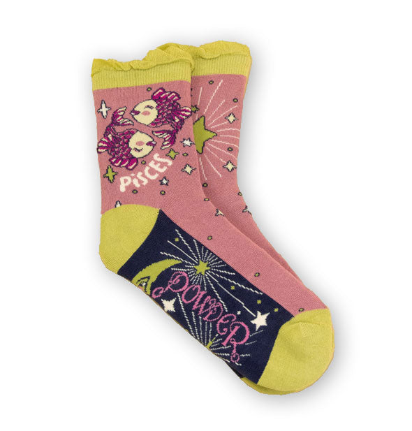 Pair of Pisces socks by Powder feature astrology-themed fishes design