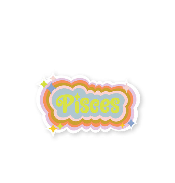 Pisces sticker with colorful striped border and star accents