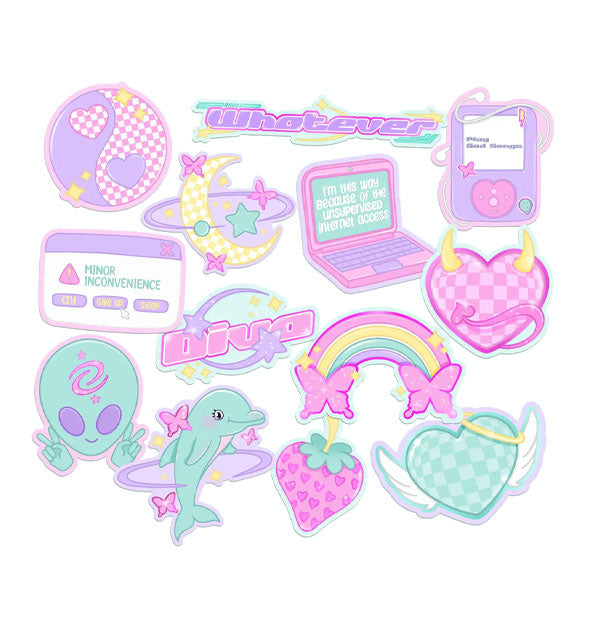 Set of 13 stickers in pastel shades with various designs, including hearts, a dolphin, a laptop, an alien, and more