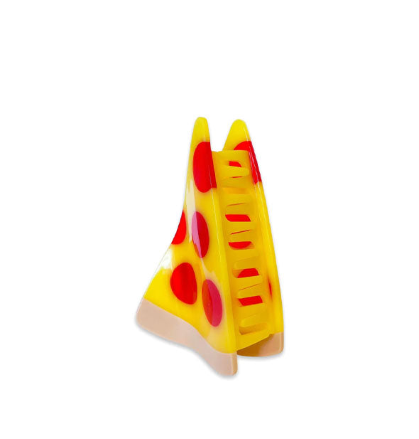 Hair claw clip shaped and designed to resemble a slice of pepperoni pizza