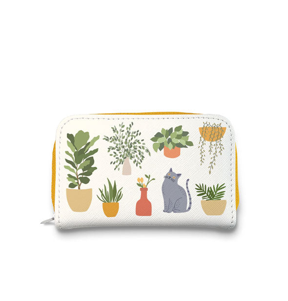 Rectangular white pouch with illustrations of houseplants and a gray cat