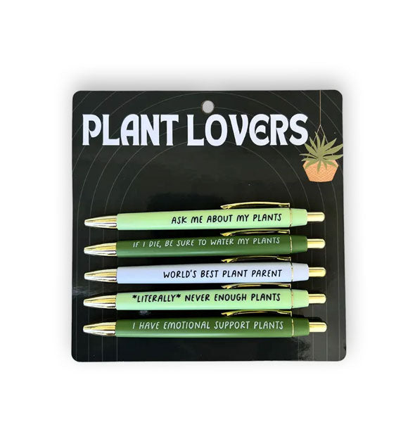 Pack of five pens in light green and dark green with one light blue, each printed in white or black with a clever plant-themed phrase