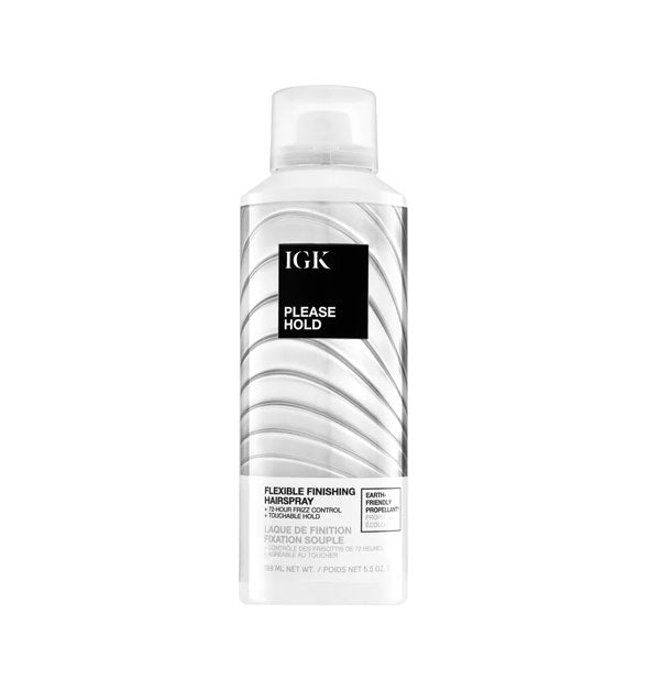 5.5 ounce can of IGK Please Hold Flexible Finishing Hairspray with monochromatic curved lines label design