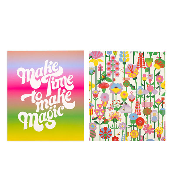 Two folders, one with rainbow ombre coloration and the words, "Make Time to Make Magic" in large white italicized lettering, and the other with dense stylized colorful floral illustrattions