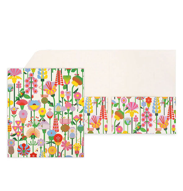 Colorful floral folder shown open and closed