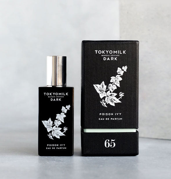 Black box and bottle of TokyoMilk Poison Ivy Eau de Parfum with white lettering and design detail