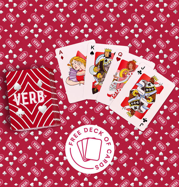 Pack of Verb playing cards with sample hand shown
