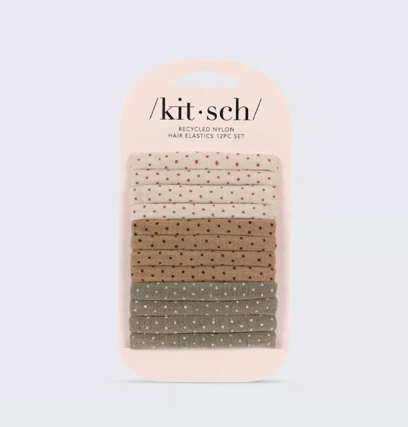 Pack of 12 beige, brown, and green polkadot fabric hair ties on a pink Kitsch product card
