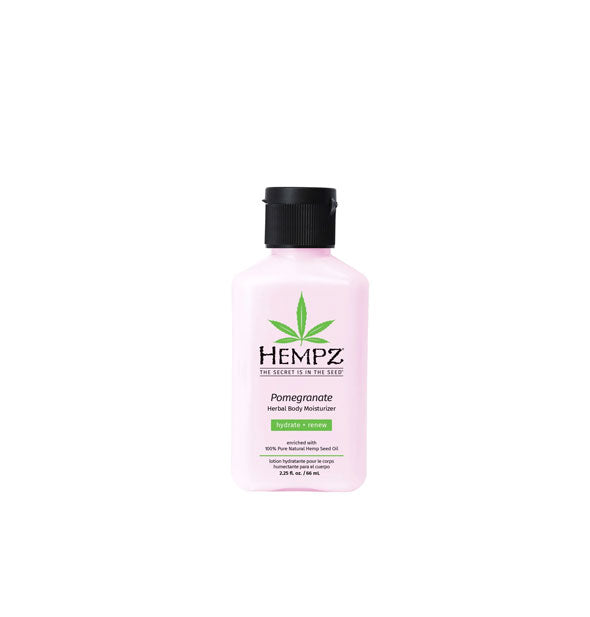 Light pink 2.25 ounce bottle of Hempz Pomegranate Herbal Body Moisturizer with black and green lettering and design accents