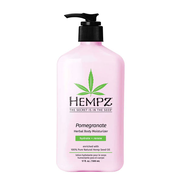Light pink 17 ounce bottle of Hempz Pomegranate Herbal Body Moisturizer with black and green lettering and design accents