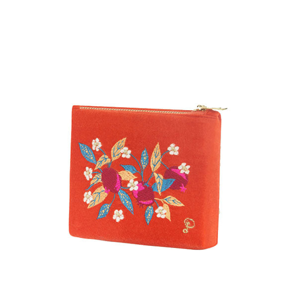 Rectangular orange velvet zipper pouch with embroidered pomegranates and leaves design