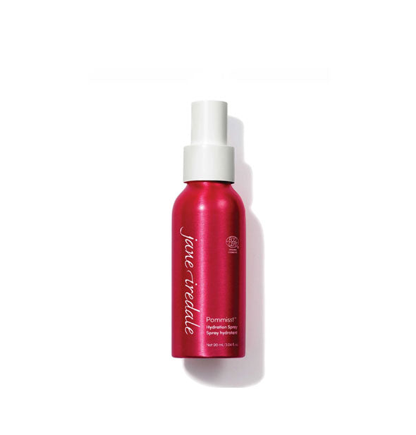 Red 3 ounce bottle of Jane Iredale Pommisst Hydration Spray with white cap and white lettering