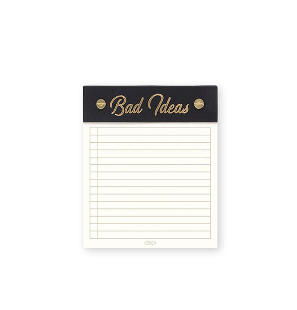 Square pad of lined paper with black post-bound cloth header stamped with "Bad Ideas" in gold script