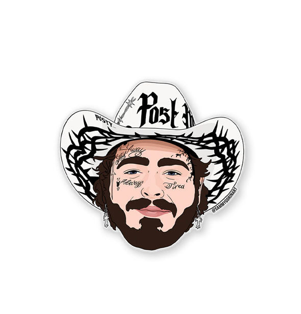 Sticker featuring illustration of Post Malone's face with black and white barbed-wire patterned cowboy hat