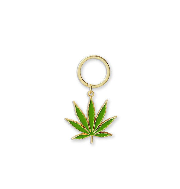 Green enamel pot leaf keychain with gold edging and hardware