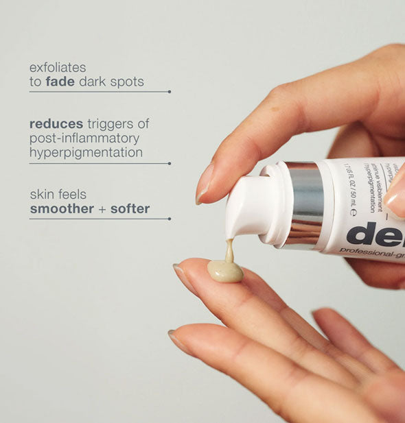 Model dispenses Dermalogica PowerBright Dark Spot Peel onto fingertip alongside a list of its three main benefits