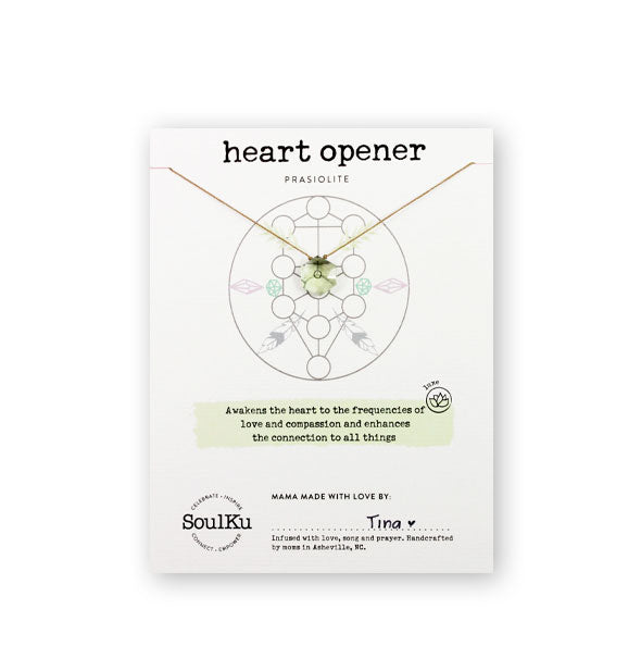 Heart Opener Prasiolite gemstone necklace on SoulKu product card that says, "Awakens the heart to the frequencies of love and compassion and enhances the connection to all things"