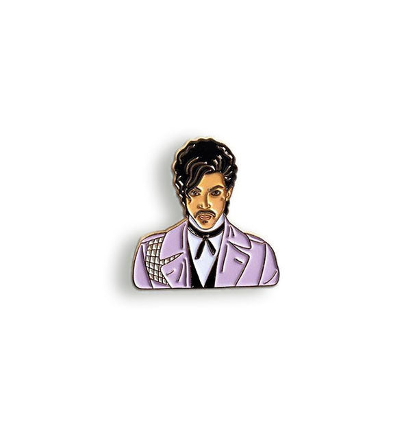 Prince head and shoulders enamel pin depicts the artist wearing a purple jacket