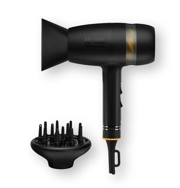 Black and gold Hot Tools hair dryer with short nozzle and detached pronged diffuser attachment
