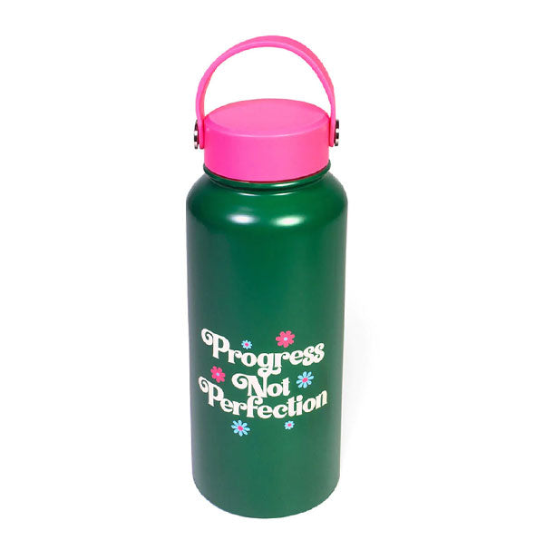 Dark green water bottle with pink handled lid says, "Progress Not Perfection" in white lettering accented by small blue and pink flowers