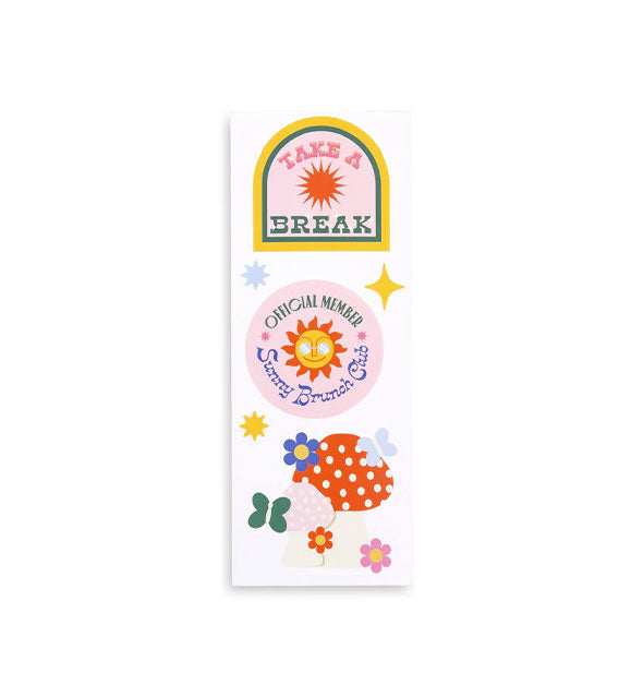 Sticker sheet includes designs that say, "Take a Break" and "Official Member Sunny Brunch Club" as well as strawberries, butterflies, stars, and flowers