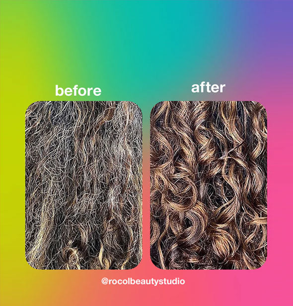 Side-by-side comparison of curly hair before and after K18 mask as posted by @rocolbeautystudio on a rainbow ombre background