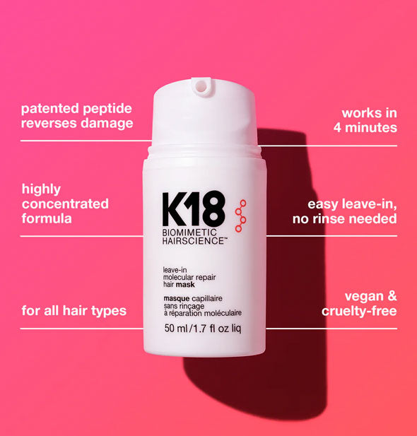 Bottle of K18 Leave-In Molecular Repair Hair Mask on pink-orange background is labeled with its key benefits in white lettering