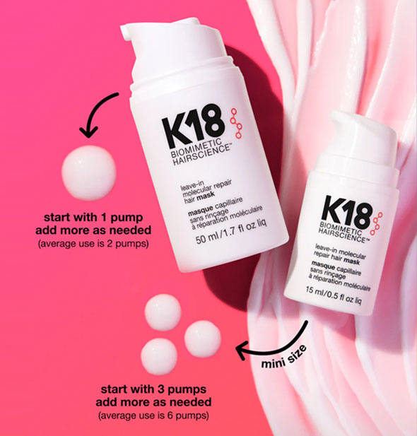Bottles of K18 Leave-In Molecular Repair Hair Mask rest on swaths of white creamy product and next to droplets representing recommended application sizes