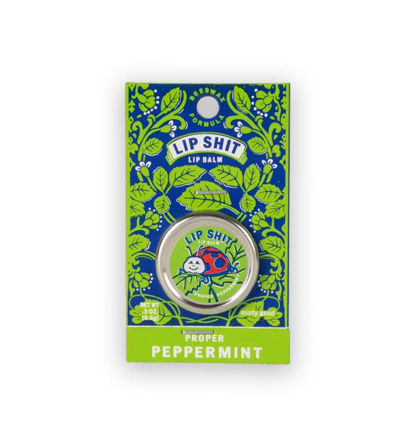 Pot of Proper Peppermint Lip Shit Lip Balm on product card features illustration of a ladybug and a background of green leaves and branches on blue