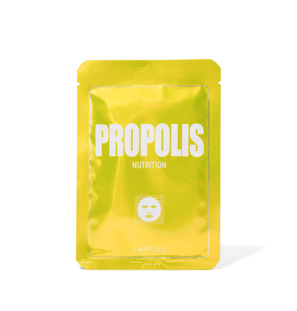 Metallic yellow Lapcos Propolis Nutrition Sheet Mask packet with white lettering and graphic