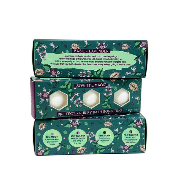 Sow the Magic Protect + Purify Bath Bomb Trio box shown from different angles with moon phase and scent descriptions, all featuring floral designs on a dark green background
